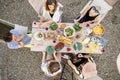 People dining outdoors, view on table from above Royalty Free Stock Photo