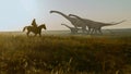 People and dinosaurs. Realistic animation. Landscape view.