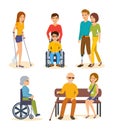 People with disabilities: on crutches, carriages, with prostheses and fractures. Royalty Free Stock Photo