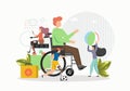 People with disabilities keeping active lifestyle using wheelchair, artificial legs and arms, flat vector illustration.