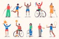 People with disabilities set in flat design. Men and women with protesis hands and legs, blind, on wheelchair. Bundle of diverse