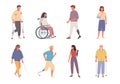 People with disabilities set. Man on crutches with injured leg girl modern wheelchair male characters run leg prostheses Royalty Free Stock Photo