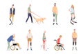 People with disabilities in the style of  illustrations. Invalid people, a blind man, a broken leg, people on wheelchairs, d Royalty Free Stock Photo