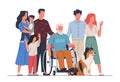 People with disabled family member. Grandpa in wheelchair, people group, parents and children, different generations