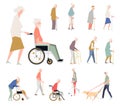 People are disabled on the street. Pensioners on a wheelchair. A person with limited abilities. Characters in a flat style