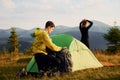 People discovering new lands. Majestic Carpathian Mountains. Beautiful landscape of untouched nature Royalty Free Stock Photo