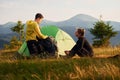 People discovering new lands. Majestic Carpathian Mountains. Beautiful landscape of untouched nature Royalty Free Stock Photo