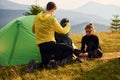 People discovering new lands. Majestic Carpathian Mountains. Beautiful landscape of untouched nature Royalty Free Stock Photo