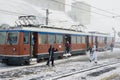 People disembark from the train at the upper Gornergratbahn railway station in Zermatt, Switzerland. Royalty Free Stock Photo