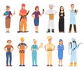 People diverse occupation. Professional workers, different characters in uniform. Cartoon man and woman, waiter, cook Royalty Free Stock Photo