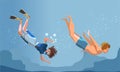 People diving and snorkeling. Man and woman in swimsuits performing underwater swiming vector illustration