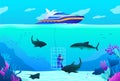 People diving vector illustration, cartoon flat professional scuba diver character swimming with shark, extreme under Royalty Free Stock Photo