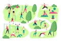 People do sports in park. Outdoor sport activities, group workout and healthy lifestyle vector illustration