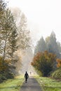 People and dog exercise on Snoqualmie Valley Trail on a misty and frosty morning