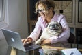 People and dog love friendship together - adult pretty young woman work at laptop computer and hug her adorable pug - happy female Royalty Free Stock Photo