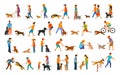 People with dogs graphic collection.man woman training their pets basic obedience commands Royalty Free Stock Photo