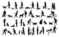 People with dogs silhouettes graphic set.man woman training their pets basic obedience commands like sit lay give paw walk close,