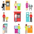 People doing ATM machine money deposit or withdrawal set, man and woman using ATM terminal colorful vector Illustrations Royalty Free Stock Photo