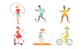 People Doing Different Kinds of Sports Set, Hockey, Soccer, Basketball Player, Surfboarder, Cyclist, Girls Jumping with Royalty Free Stock Photo