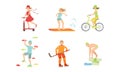 People Doing Different Kinds of Sports Set, Surfboarder, Cyclist, Climber, Hockey Player, Swimmer, Girl Riding Kick Royalty Free Stock Photo