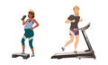 People doing different sport exercises set. Pregnant woman doing aerobics exercise on stepper platform. Man jogging on