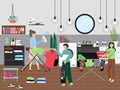 People doing domestic laundry, ironing and folding clothes, cleaning bathroom, vector illustration.