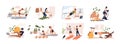 People doing exercises with dumbbell, squat, practice yoga, cycling. Men, women, families and couples doing sports at Royalty Free Stock Photo