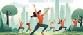 People Doing Exercises in Park. Male and Female Characters Outdoor Yoga. Flat Cartoon. AI Generative Royalty Free Stock Photo