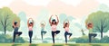People Doing Exercises in Park. Male and Female Characters Outdoor Yoga. Flat Cartoon. AI Generative Royalty Free Stock Photo
