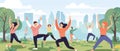 People Doing Exercises in Park. Male and Female Characters Outdoor Yoga. Flat Cartoon. AI Generative Royalty Free Stock Photo