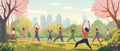 People Doing Exercises in Park. Male and Female Characters Outdoor Yoga. Flat Cartoon. AI Generative Royalty Free Stock Photo