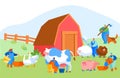 People Doing Farming Job as Feeding Domestic Animals, Milking Cow, Shearing Sheep, Prepare Hay for Livestock
