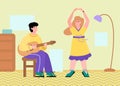 People doing hobbies playing music and dancing, flat cartoon vector illustration Royalty Free Stock Photo