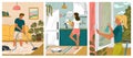 People doing housework and cleaning home. Vector set of posters with man vacuuming floor and woman wash dishes and clean Royalty Free Stock Photo