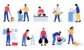 People doing housework. Men woman characters cooking dishes watering flowers cleaning up doing housework chores. Vector Royalty Free Stock Photo