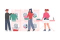 People Doing Laundry at Public Laundrette, Young Man and Women Washing, Drying and Ironing Clothes Flat Style Vector