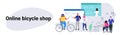 People doing online shopping bicycle web shop concept men women choosing new bike using computer application e-commerce Royalty Free Stock Photo