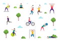 People doing sport exercises. Outdoor activities, woman man training in park. Yoga fitness stretching vector Royalty Free Stock Photo