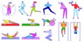 People doing sport exercises, vector illustration of sportive people do gymnastic exercises, stretching, yoga, running