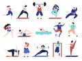 People doing sport. Workout characters, active male female sport exercise. Flat friends training, tennis yoga jogging