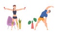 People doing sports at home set. Young man and woman doing side bends at Home and exercising with dumbbells cartoon