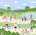 People doing sports and recreating in park, flat cartoon vector illustration