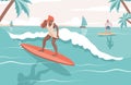 People doing summer activities in the sea. Woman and man surfing on boards vector flat illustration. Royalty Free Stock Photo