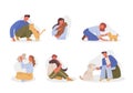 people with domestic animals. cartoon characters hug dogs, cats, their pets, owners love, satisfied, friendship. vector