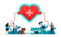 People donate blood to hospital emergency services. Transfusion bag with heart and red cross symbol. Doctor check health Royalty Free Stock Photo