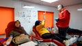 People donate blood to the Red Crescent blood bank in order to help the injured people in the earthquake area in Turkey