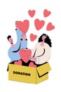 People donating for charity. Man and woman throw hearts into donation box. Volunteers work concept