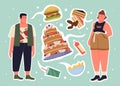 People dream of unhealthy food, cartoon fat sad man woman characters dreaming about cake, burger