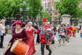 People dress up in medieval clothes doing performance in front of The British Museum