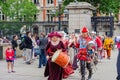 People dress up in medieval clothes doing performance in front of The British Museum